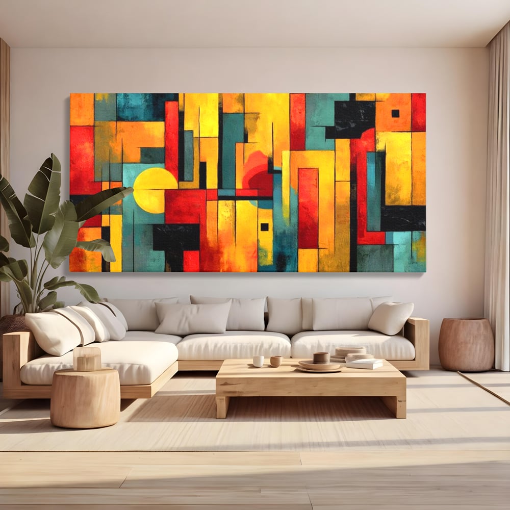 Tablou canvas cu pictura abstracta cu forme geometrice urbane, fara rama, pe sasiu de lemn, pe perete intr-un living